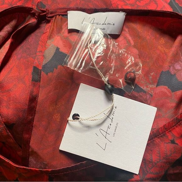 L’Academie Elaina midi dress red Peony rose print draped mini NWT $188 Revolve L - Picture 11 of 11